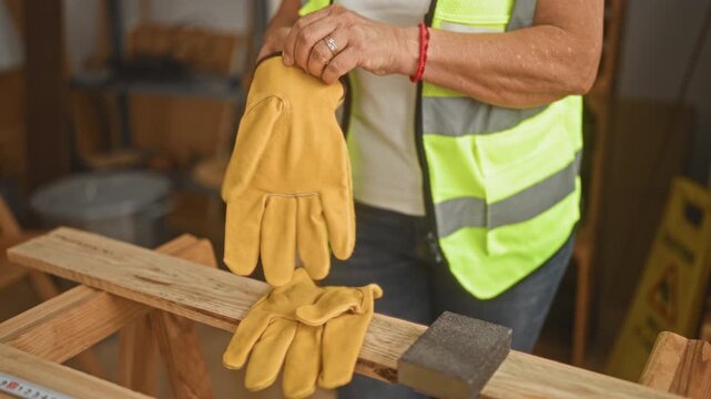 Woman in reflective vest putting on leather glove with bare hands over wooden plank on sawhorse inside building; focused safety.