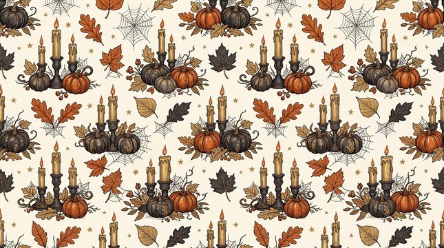 Halloween floral ornament featuring pumpkins candles and autumn leaves