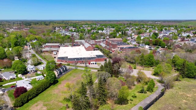Barton Mills Complex building aerial view on Mill River in city of Taunton, Bristol County, Massachusetts MA, USA. 