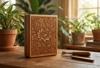 Obraz premium Craftsmanship and artisan woodworking, hand carved wooden box with floral relief pattern and carving tools on a rustic workshop table in a home studio