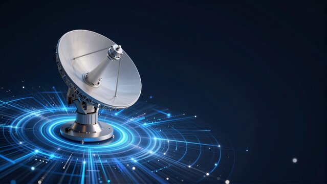 large satellite dish dark blue background dish white has cylindrical shape pointed top handle side mounted metal base surrounded network blue lines form circular pattern lines connected small white