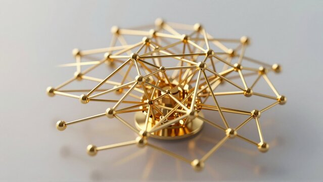 rendering spherical object interconnected lines dots object appears gold colored metal has shiny surface lines arranged symmetrical pattern creating sense depth dimension dots evenly spaced connected