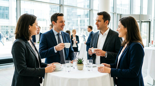 Professional business people engaging in a lively discussion during a coffee break networking event in a modern office building