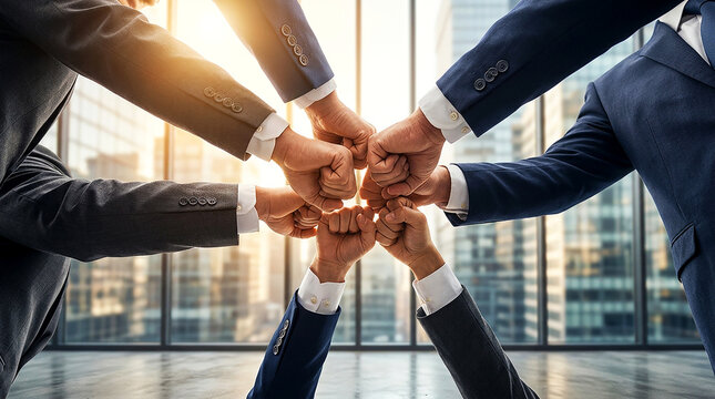 Business team fists bumping in unity collaboration and teamwork in modern office with bright city view