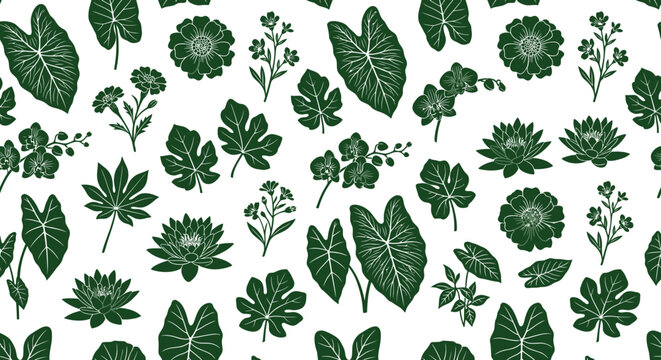 Premium seamless botanical vector pattern with dark green taro leaves, marigolds, fig leaves, orchid sprigs, and water lilies. Flat paper-cut style floral motif on white background.