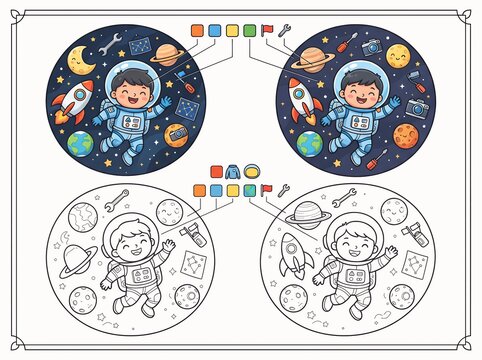 Educational space themed coloring page for children featuring a cute astronaut floating in the galaxy with planets