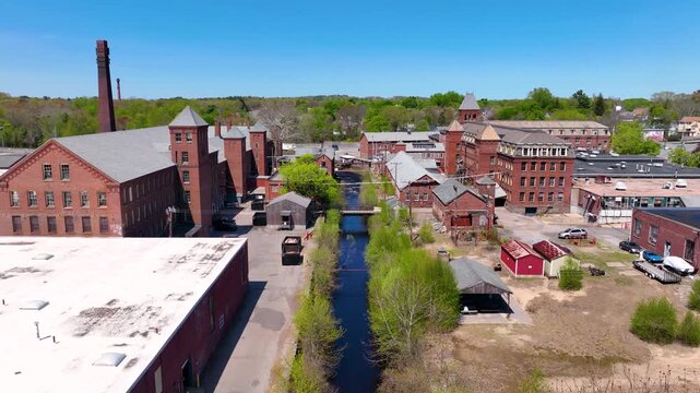 Barton Mills Complex building aerial view on Mill River in city of Taunton, Bristol County, Massachusetts MA, USA. 