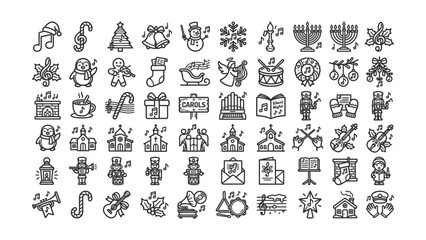 Fototapeta premium Collection of festive holiday and religious icons featuring musical instruments carols gifts snowflakes and winter symbols on transparent background