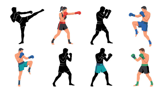 Professional vector collection featuring different styles of kickboxers and combat action scenes, including punching, kicking, blocking, defensive stances, jumping kicks, and fighting poses