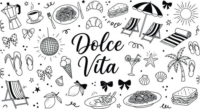 Dolce vita summer vacation doodle set featuring italian food pasta coffee croissants beach umbrellas chairs disco ball palm tree and sun elements vectors