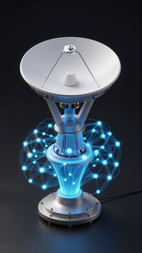rendering futuristic satellite dish dish white color has dome like shape small antenna top mounted metal base blue light emanating light connected dish series interconnected lines dots creating