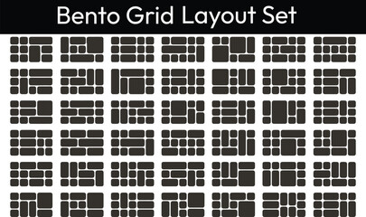 Fototapeta premium Bento Grid Layout Set – Square Box and Geometric Grid Templates for Photo Galleries, Presentations, Modern Collages and Creative Projects, Vector Illustration