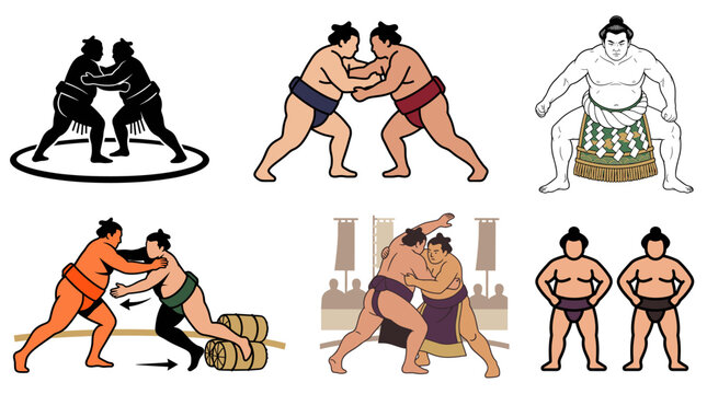 Professional vector collection featuring different styles of sumo wrestlers and traditional sumo wrestling action scenes, including powerful stances, pushing, grappling, charging, ceremonial poses