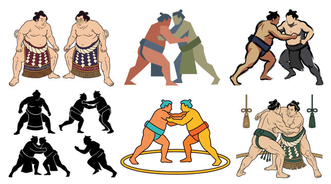 Set of vector collection featuring different styles of sumo wrestlers and traditional sumo wrestling action scenes, including powerful stances, pushing, grappling, charging, ceremonial poses