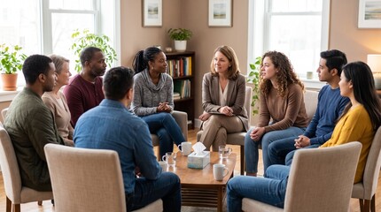 Obraz premium Diverse group of people in therapy session with a counselor discussing issues in a comfortable setting