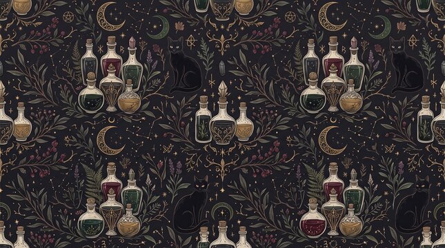 Witchcraft themed floral ornament with bottles and celestial elements dark background