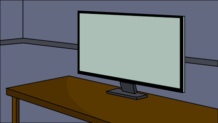 Minimalist digital illustration of a modern computer monitor positioned on a wooden desk in a simple office setting © Prostockers