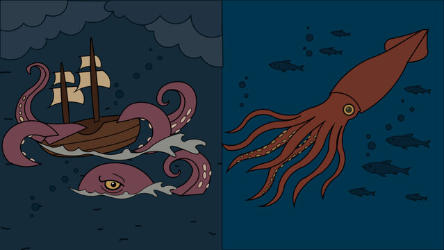 Giant sea monster attacking sailing ship and deep sea squid swimming with fish in split screen cartoon illustration