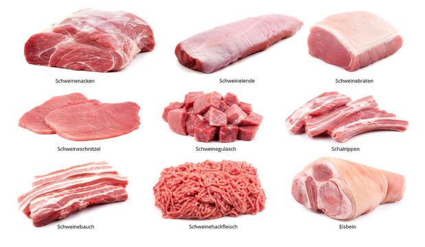 Verschiedene rohe Schweinefleischsorten  mit Beschriftung