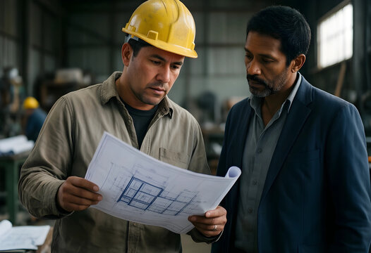 Construction project management and engineering collaboration, architect and site foreman reviewing building blueprints in an industrial warehouse facility