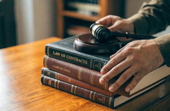 A collection of law books being stacked next to a wooden gavel on a desk representing the essence of legal practice and the pursuit of justice in a professional setting