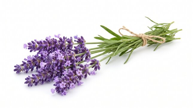 Fresh lavender bouquet tied with twine on white background