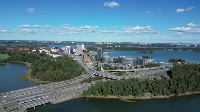 Drone Aerial View of Keilaniemi Skyline and Waterfront