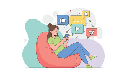 Fototapeta premium Relaxed woman sitting in a red bean bag chair using her smartphone with various social media and media icons floating around.