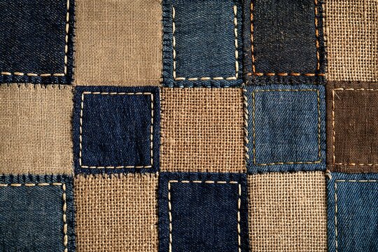 Patchwork background of denim fabric squares and burlap texture stitched together in a rustic craft style