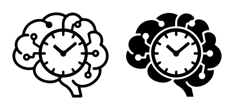 Brain Clock Icons, Time Management and Cognitive Function, AI and Technology Concepts, Black and White Vector Graphics