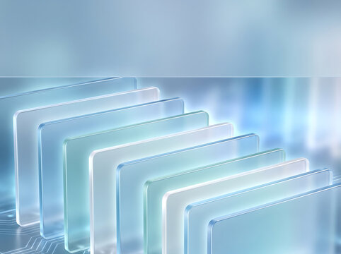 Parallel frosted glass panels in bright blue environment represent data layers for futuristic computing and server concepts.