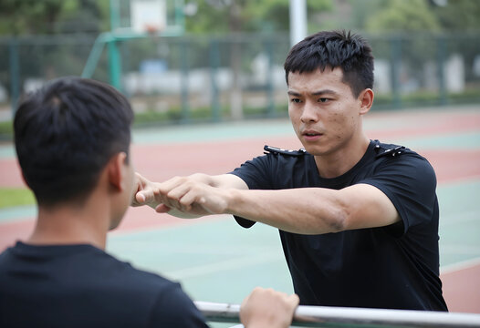 Teamwork and collaboration two young men fist bumping on a sports court to show unity partnership and mutual support in a competitive environment