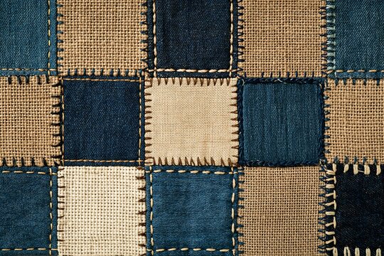 Patchwork fabric background with alternating squares of blue denim and beige linen textile stitched together