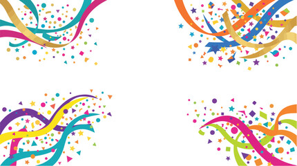 Obraz premium Vibrant vector illustration depicting colorful flowing ribbons with scattered geometric confetti shapes in various bright hues designed for celebratory event invitations or festive holiday graphic