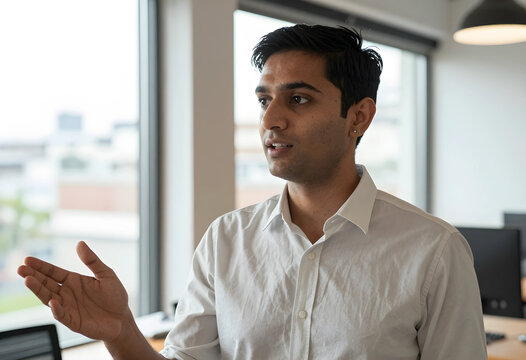 Corporate communication and leadership, young man presenting ideas in a modern office meeting with professional body language and confident expression