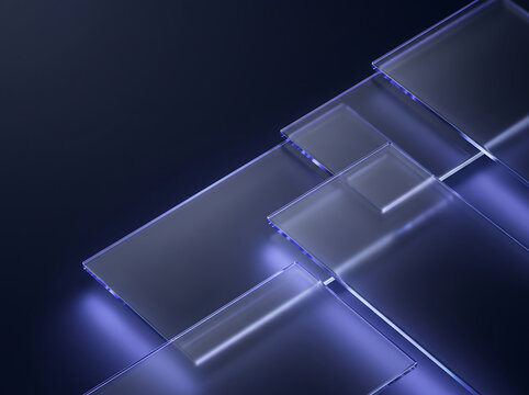 Thin rectangular glass plates scattered on dark surface with blue highlight flares create minimalist tech display background.