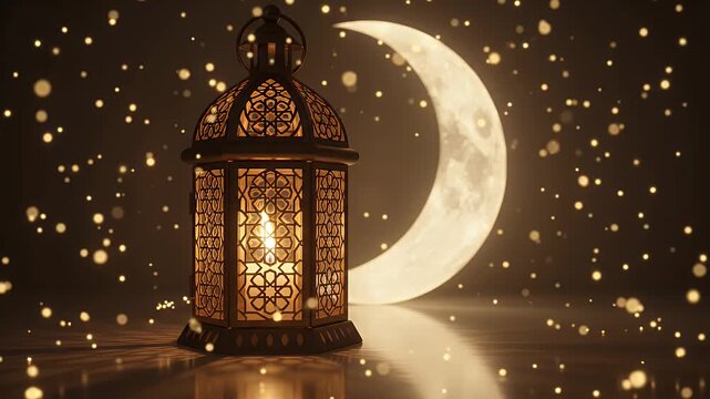 Decorative lantern with glowing moon and golden particles