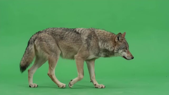 Gray wolf walking slowly across green screen background