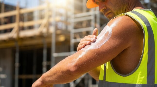 Closeup of a worker's hand applying sunscreen to his arms with skin glistening under bright sunlight.