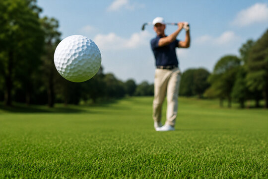 Golf Ball Flying Through the Air After Golfer&rsquo;s Powerful Swing. Ball is large and in focus in front og blurred golfer.