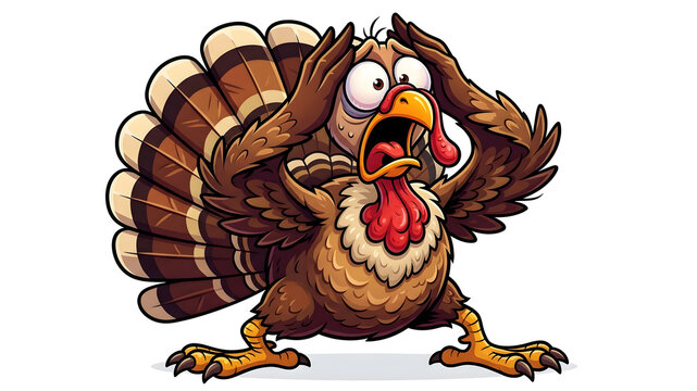 A funny cartoon illustration of a panicked turkey looking scared and stressed for the upcoming thanksgiving day holiday celebration and festive dinner