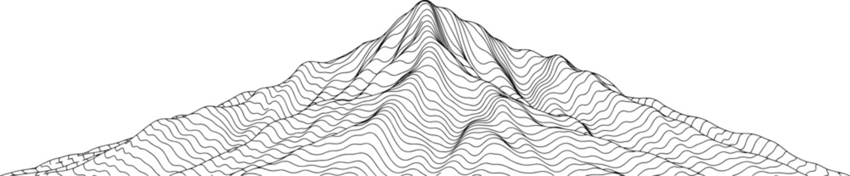 Topographic map of a mountain peak, rendered with black contour lines on a white background, creating a 3 d wireframe effect