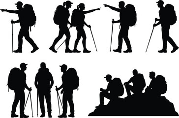 Naklejka premium Black silhouettes of hikers with backpacks and trekking poles, people walking, pointing, and sitting on a rocky mountain summit, set