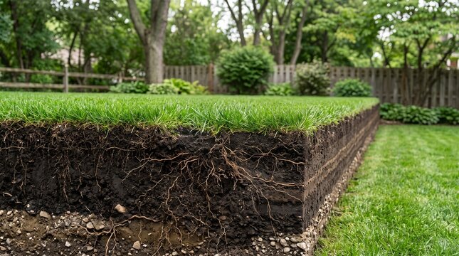 Side view profile of subur green grass and complex root systems in a rich soil cross-section of a well-maintained garden bed