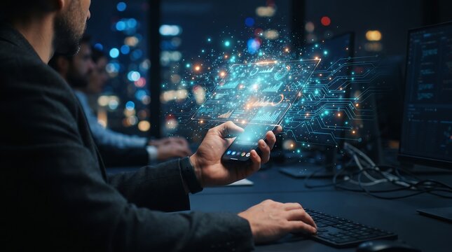 Businessman in a suit using a smartphone that projects a holographic handshake partnership icon upward, futuristic business technology concept, digital transformation