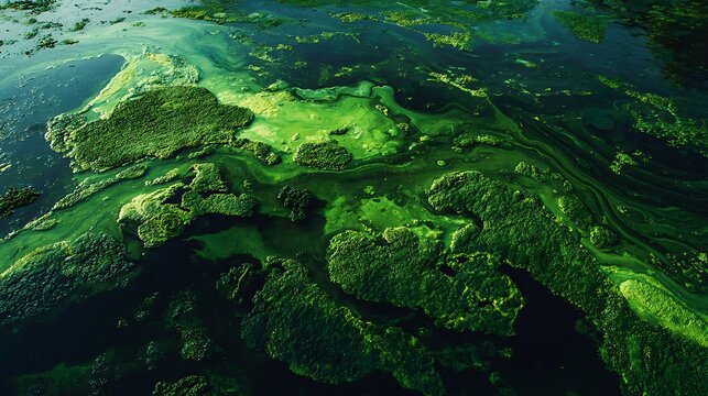 Abstract texture of dense green algae on pond water surface