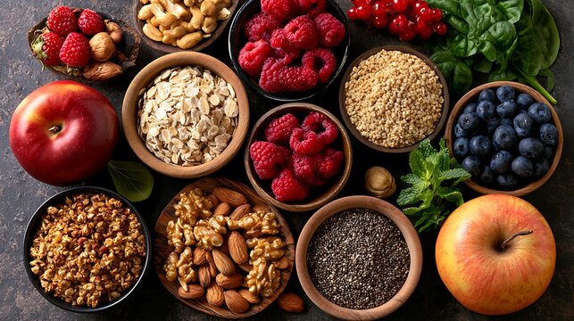 Assorted healthy breakfast superfoods in wooden bowls and plates