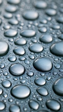 Clear liquid droplets resting on a smooth reflective metallic surface