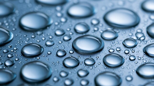 Clear water droplets resting on a smooth cool blue surface