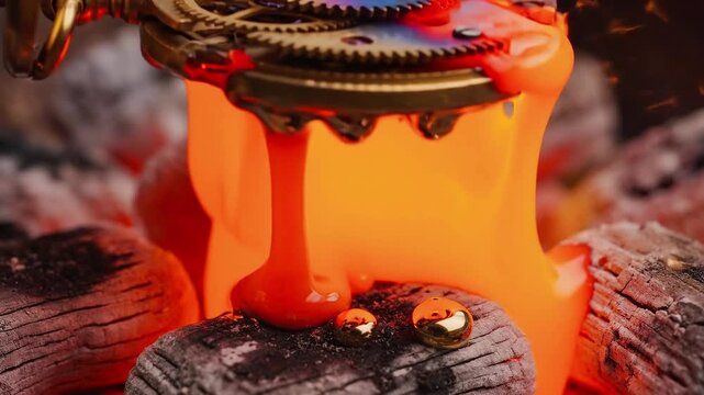 Close up of a vintage brass mechanical pocket watch movement resting on glowing hot charcoal embers
